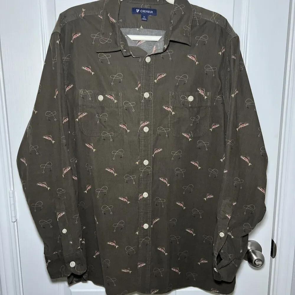 Daniel Cremieux Fishing Print Corduroy Button Up Shirt Size XL Brown Outdoors